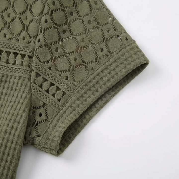 Tivara | Women's Crochet Knit Short Sleeve Top - Olive Green - Image 9