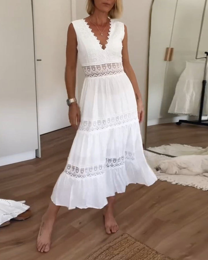 Tivara | Women's White Boho Lace Midi Dress - White - Image 1