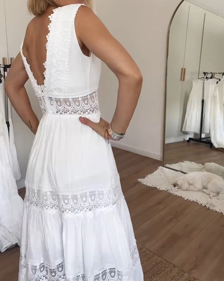 Tivara | Women's White Boho Lace Midi Dress - White - Image 2