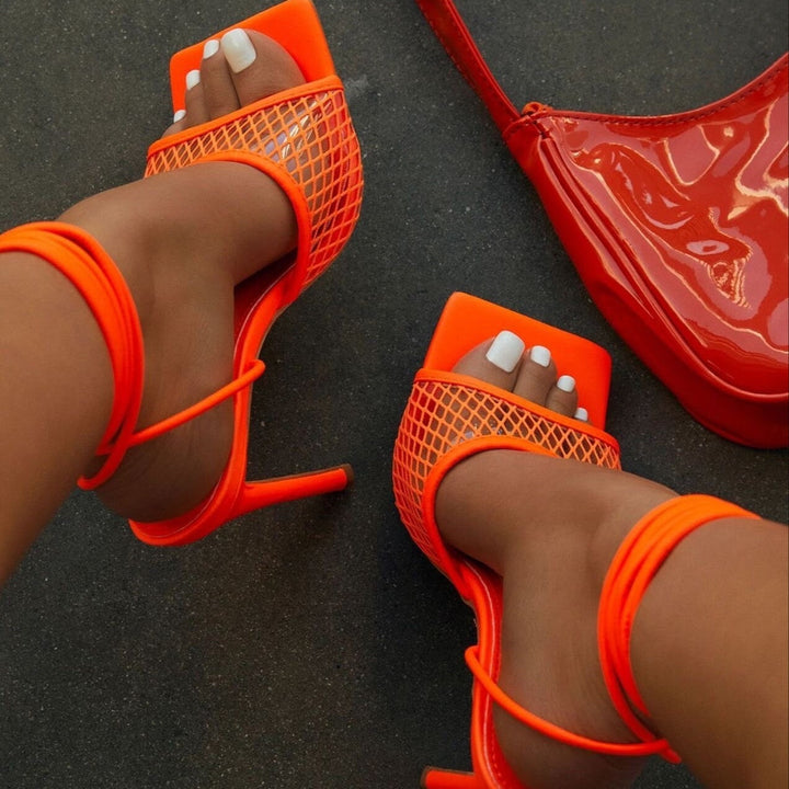 Tivarra | Women's Strappy Lace-Up High Heel Sandals - Orange - Image 7