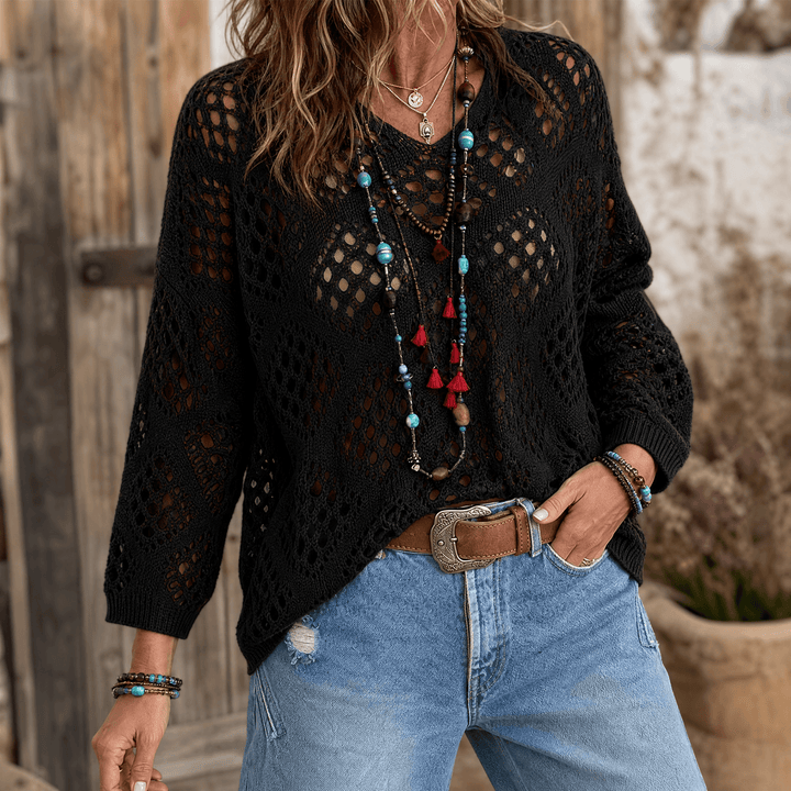 Tivelle | Women's Boho Crochet Knit Top - Beige - Image 11