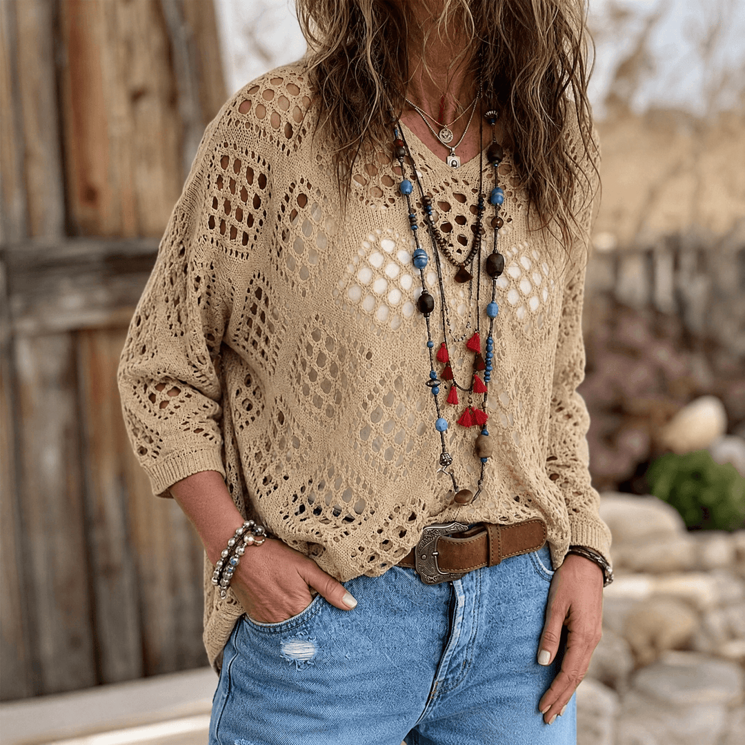 Tivelle | Women's Boho Crochet Knit Top - Beige - Image 7