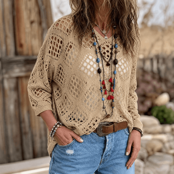 Tivelle | Women's Boho Crochet Knit Top - Beige - Image 7