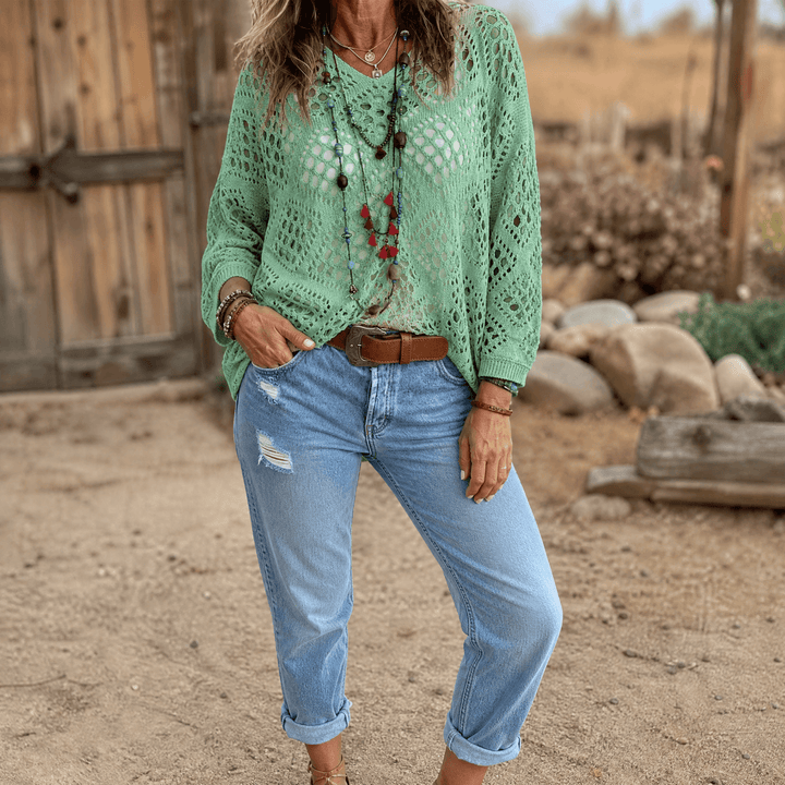 Tivelle | Women's Boho Crochet Knit Top - Beige - Image 8