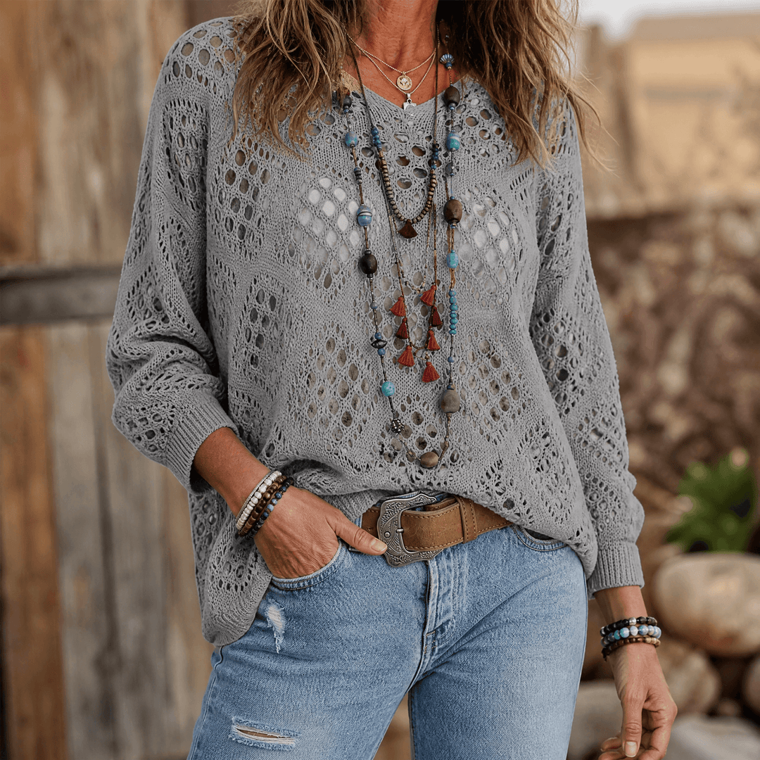 Tivelle | Women's Boho Crochet Knit Top - Beige - Image 9