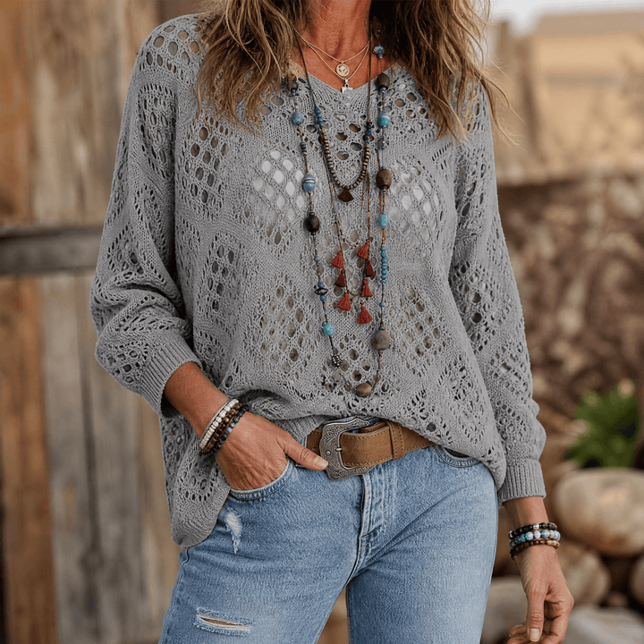 Tivelle | Women's Boho Crochet Knit Top - Beige - Image 9