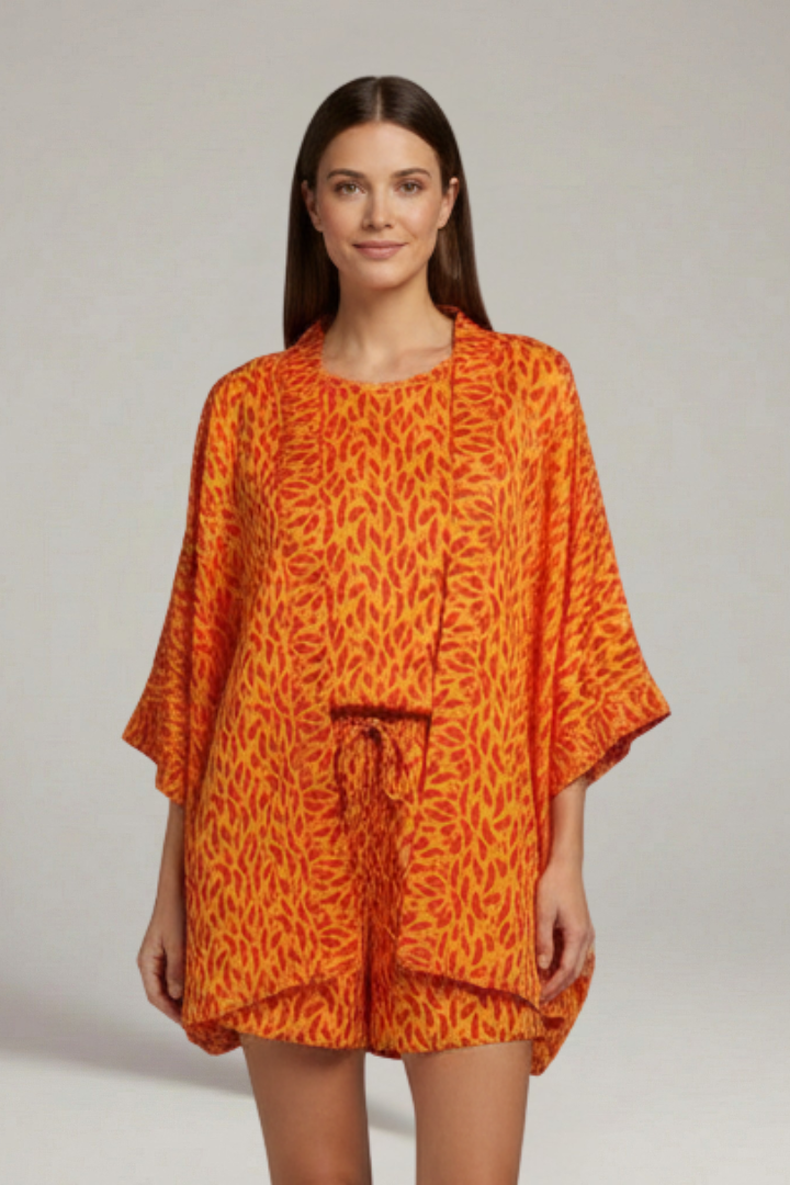 Tivelle | Women's Two Piece Kimono Shorts Set - Orange - Image 1