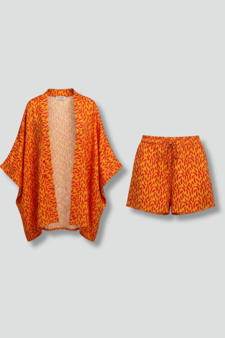 Tivelle | Women's Two Piece Kimono Shorts Set - Orange - Image 2