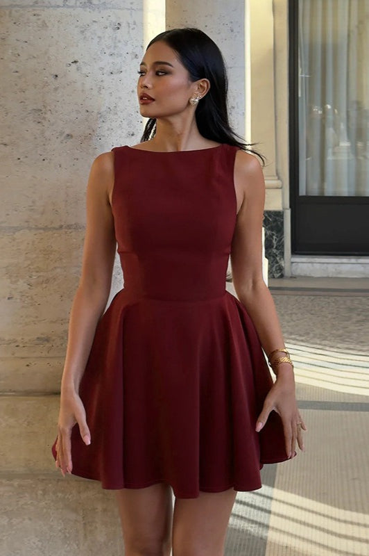 Tivessa | Women's Boat Neck Sleeveless Mini Party Dress - Burgundy - Image 1