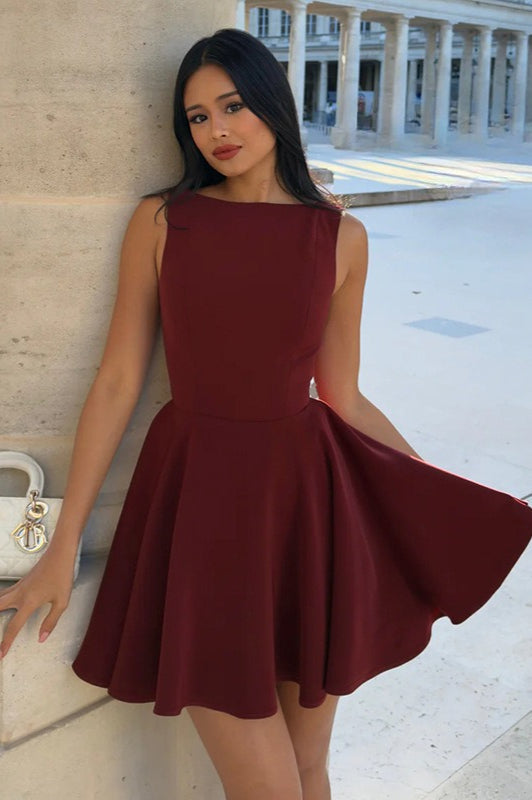 Tivessa | Women's Boat Neck Sleeveless Mini Party Dress - Burgundy - Image 4