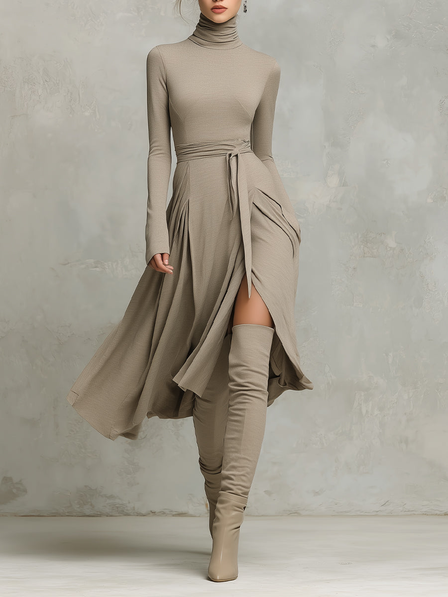 Tivorn | Women's Turtleneck Midi Dress Long Sleeve - Taupe - Image 1
