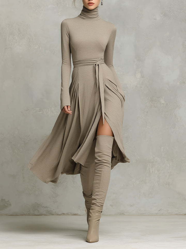 Tivorn | Women's Turtleneck Midi Dress Long Sleeve - Taupe - Image 1