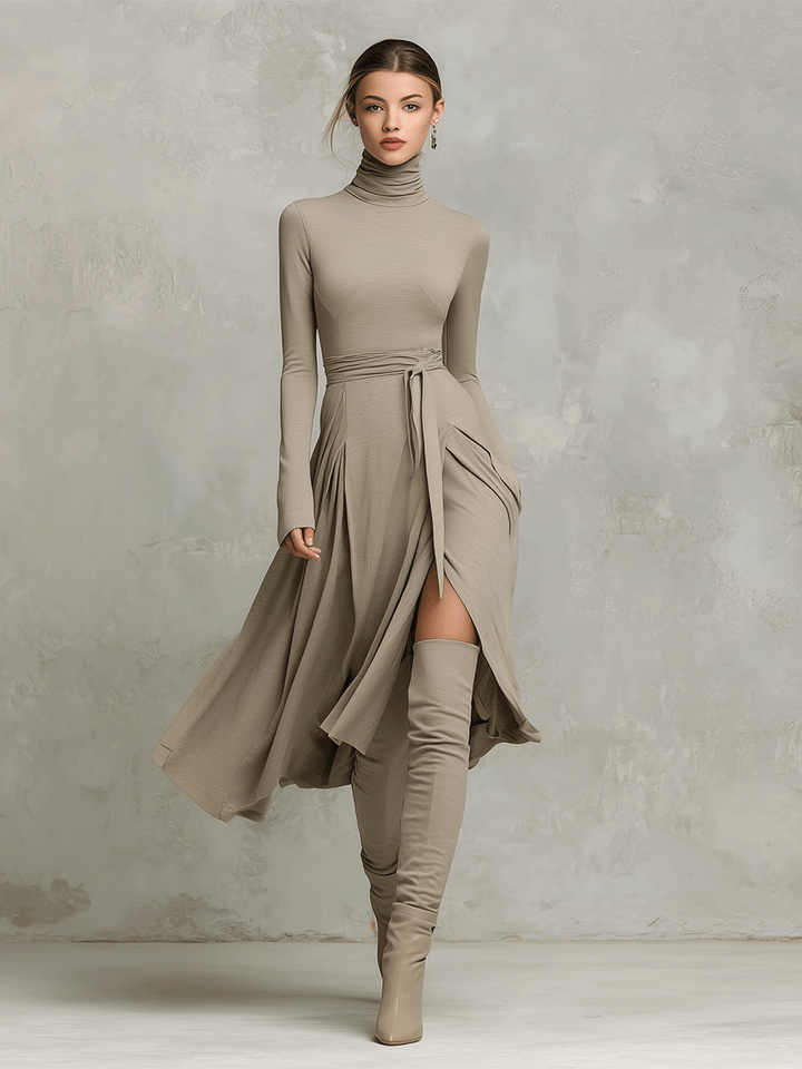 Tivorn | Women's Turtleneck Midi Dress Long Sleeve - Taupe - Image 4
