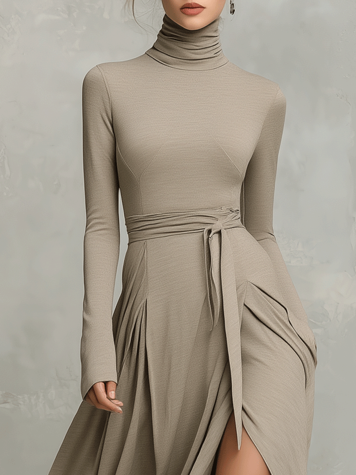 Tivorn | Women's Turtleneck Midi Dress Long Sleeve - Taupe - Image 5