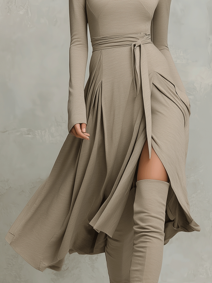 Tivorn | Women's Turtleneck Midi Dress Long Sleeve - Taupe - Image 6