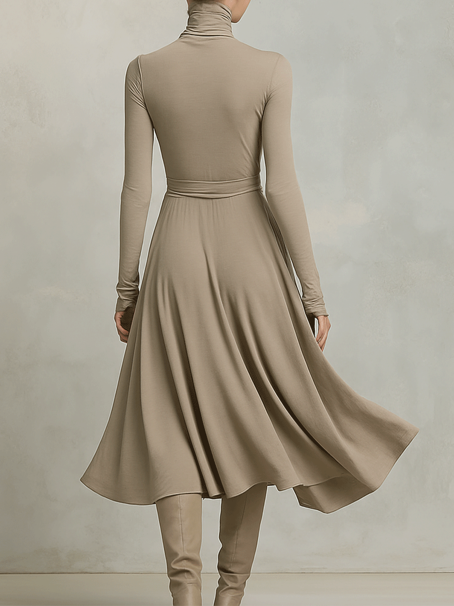 Tivorn | Women's Turtleneck Midi Dress Long Sleeve - Taupe - Image 7