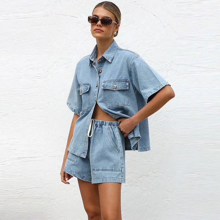 Tivorna | Women's Denim Shorts Set Co-ord - Blue - Image 10