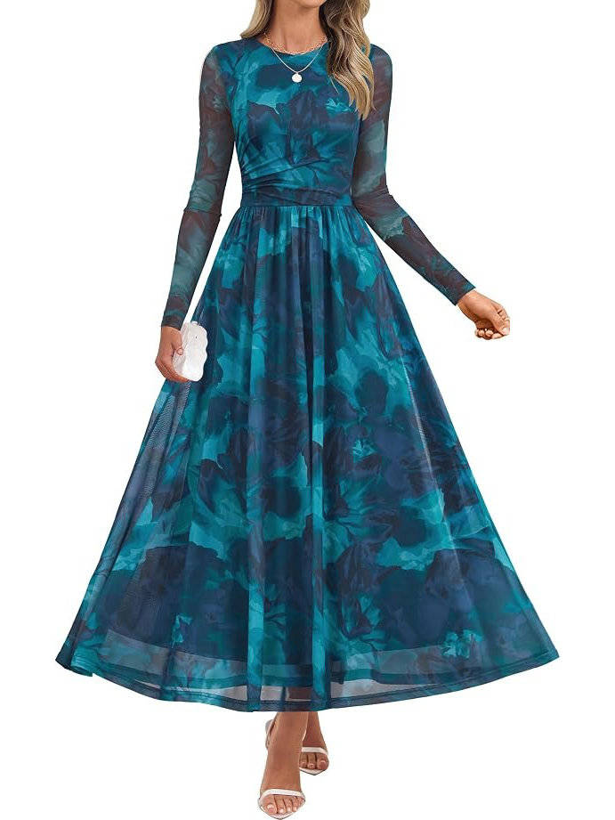 Tivorne | Women's Print Long Sleeve Maxi Dress - Teal - Image 1