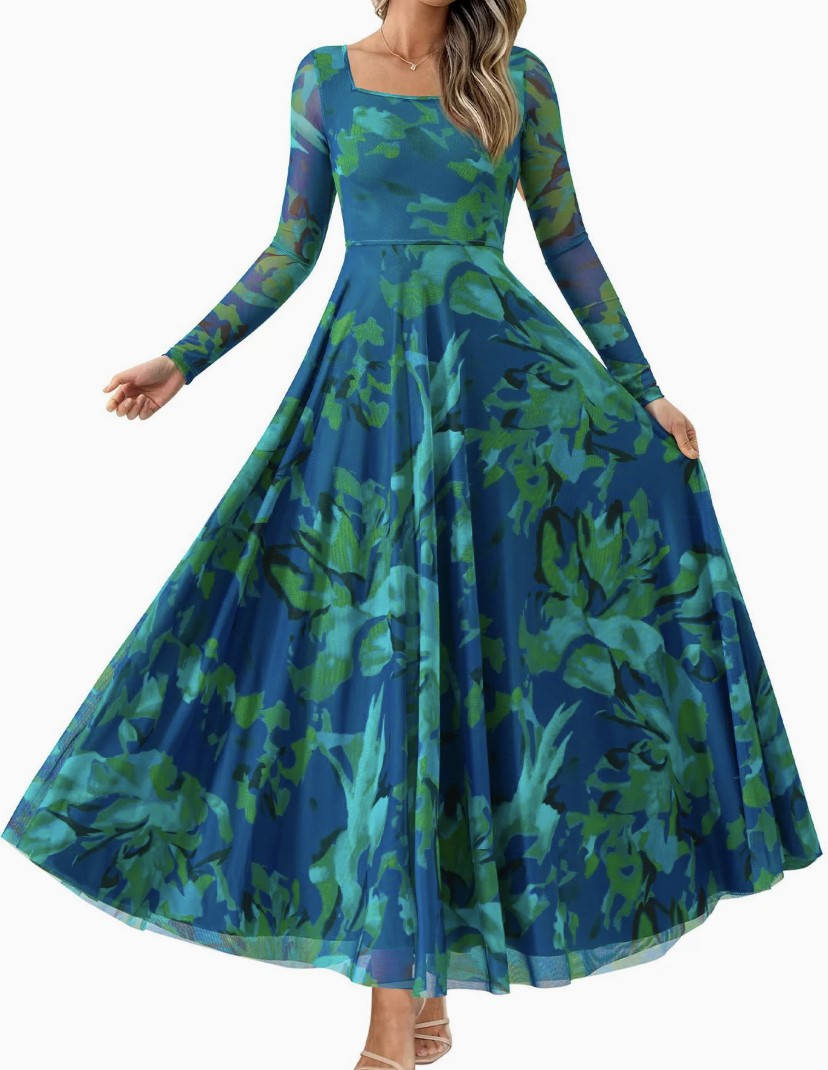 Tivorne | Women's Print Long Sleeve Maxi Dress - Teal - Image 10
