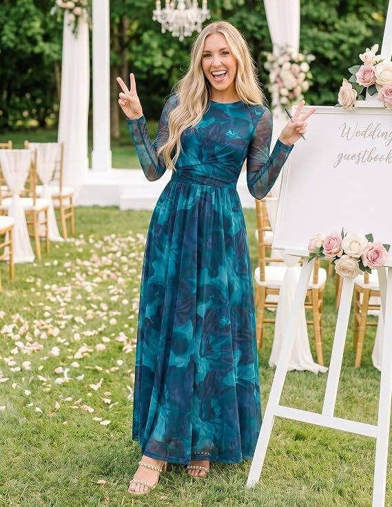 Tivorne | Women's Print Long Sleeve Maxi Dress - Teal - Image 2