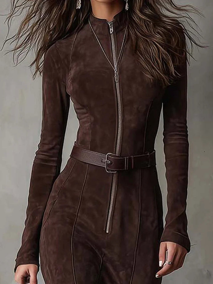 Tivorne | Women's Suede Maxi Dress Zip Front - Dark Brown - Image 5