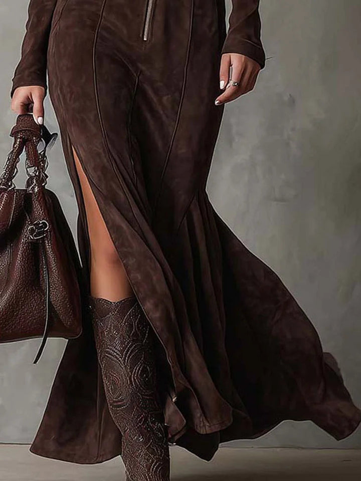 Tivorne | Women's Suede Maxi Dress Zip Front - Dark Brown - Image 6