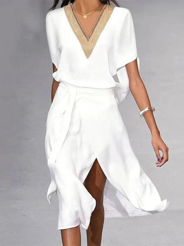 Livia | Women's White Wrap Midi Dress V-Neck Short Sleeve Belted Dress