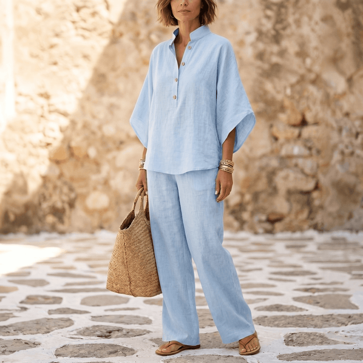 Trevaine | Women's Linen Two-Piece Set Wide Leg Pants - Powder Blue - Image 1