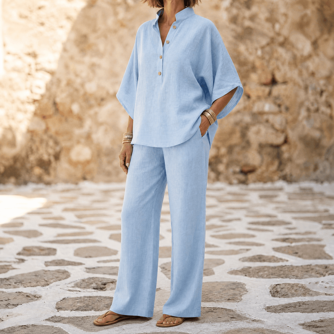 Trevaine | Women's Linen Two-Piece Set Wide Leg Pants - Powder Blue - Image 12