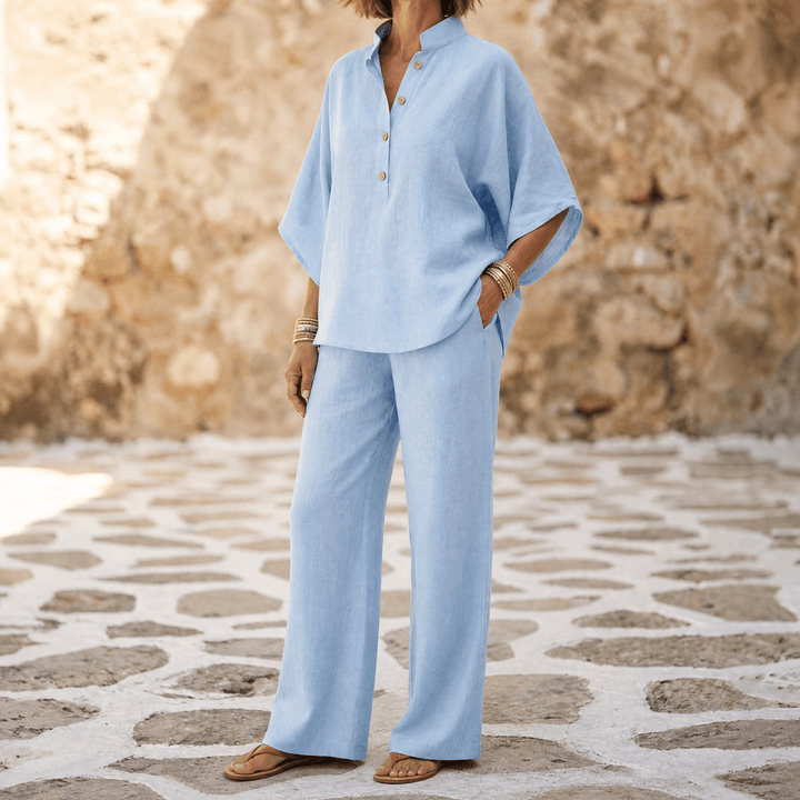 Trevaine | Women's Linen Two-Piece Set Wide Leg Pants - Powder Blue - Image 12