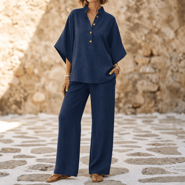 Trevaine | Women's Linen Two-Piece Set Wide Leg Pants - Powder Blue - Image 13