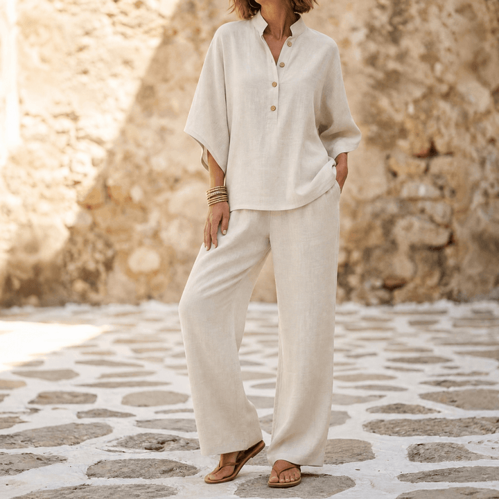 Trevaine | Women's Linen Two-Piece Set Wide Leg Pants - Powder Blue - Image 15