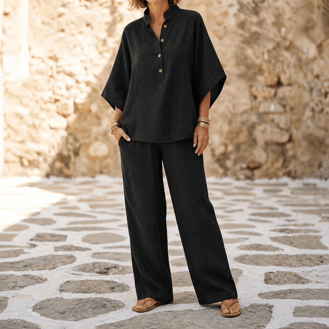 Trevaine | Women's Linen Two-Piece Set Wide Leg Pants - Powder Blue - Image 16