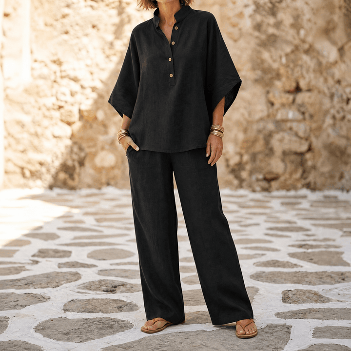 Trevaine | Women's Linen Two-Piece Set Wide Leg Pants - Powder Blue - Image 16
