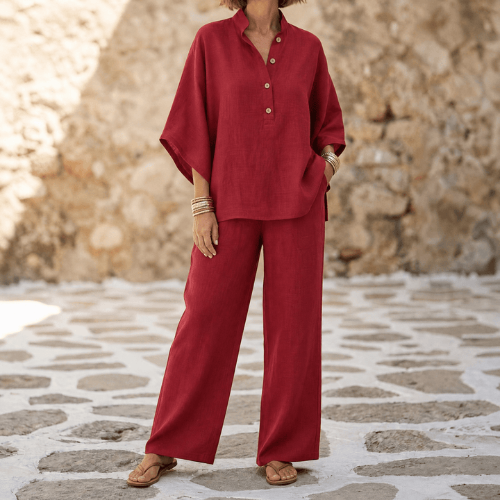 Trevaine | Women's Linen Two-Piece Set Wide Leg Pants - Powder Blue - Image 17