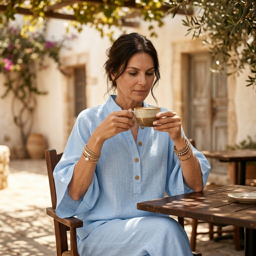 Trevaine | Women's Linen Two-Piece Set Wide Leg Pants - Powder Blue - Image 3