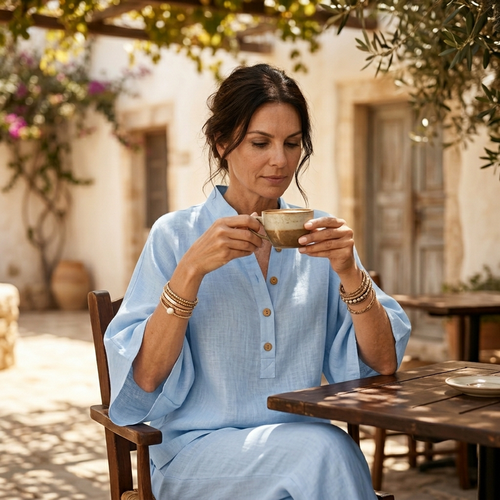 Trevaine | Women's Linen Two-Piece Set Wide Leg Pants - Powder Blue - Image 3