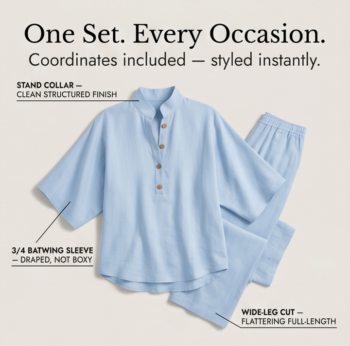 Trevaine | Women's Linen Two-Piece Set Wide Leg Pants - Powder Blue - Image 7