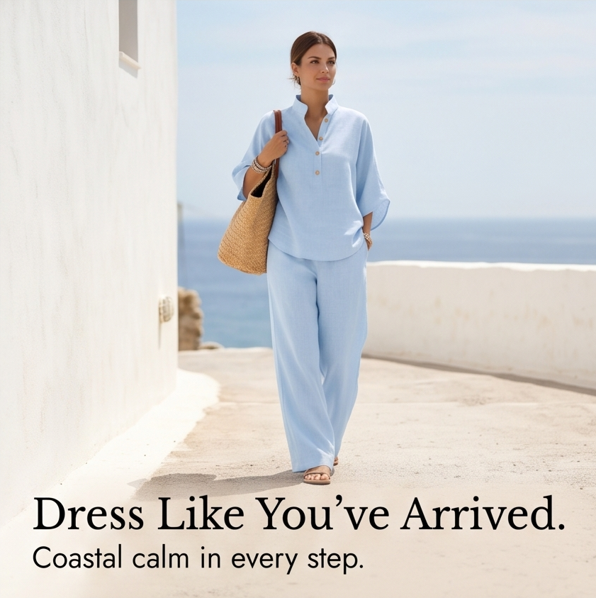 Trevaine | Women's Linen Two-Piece Set Wide Leg Pants - Powder Blue - Image 9