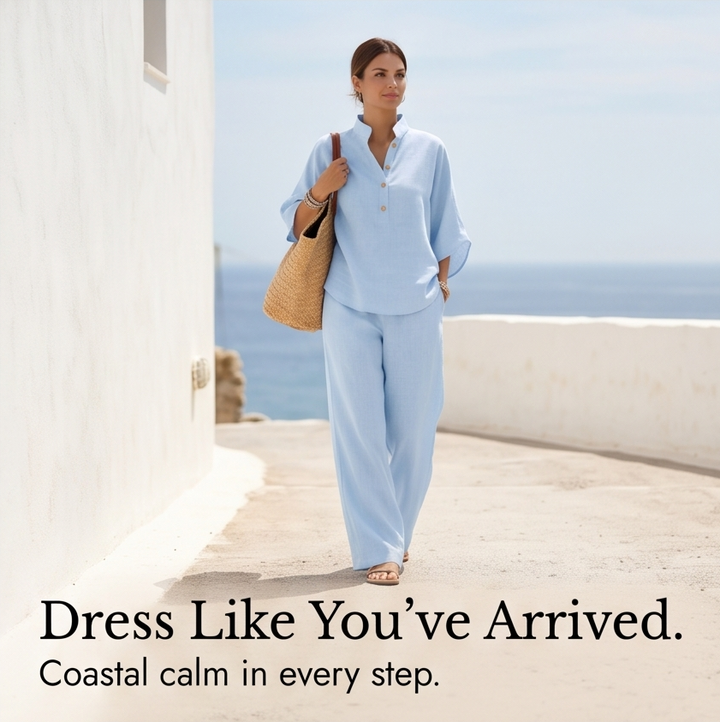 Trevaine | Women's Linen Two-Piece Set Wide Leg Pants - Powder Blue - Image 9