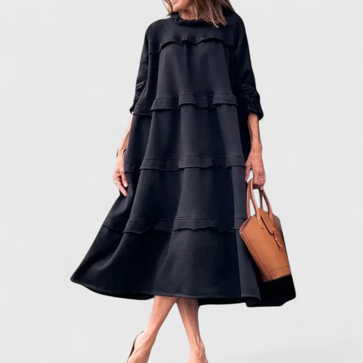 Trevara | Women's Tiered Ruffle Midi Dress - Black - Image 1