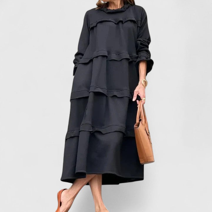 Trevara | Women's Tiered Ruffle Midi Dress - Black - Image 2