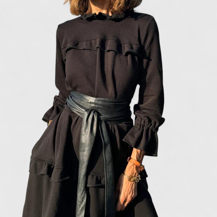 Trevara | Women's Tiered Ruffle Midi Dress - Black - Image 3