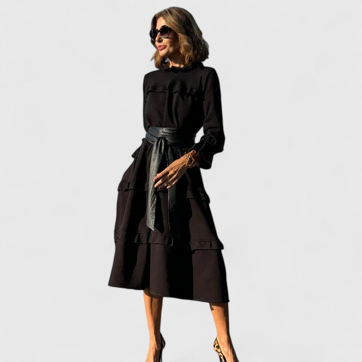 Trevara | Women's Tiered Ruffle Midi Dress - Black - Image 4