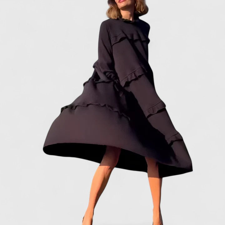 Trevara | Women's Tiered Ruffle Midi Dress - Black - Image 5