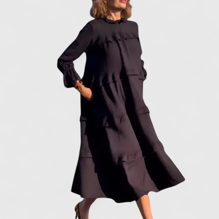 Trevara | Women's Tiered Ruffle Midi Dress - Black - Image 6