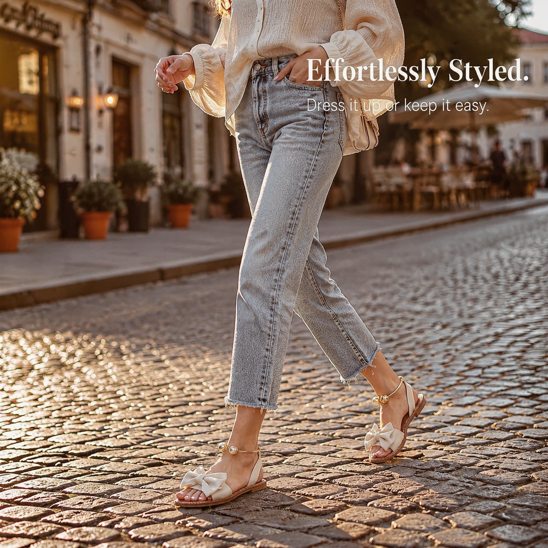 Vennla | Women's Bow Flat Sandals with Pearl Ankle Cuff