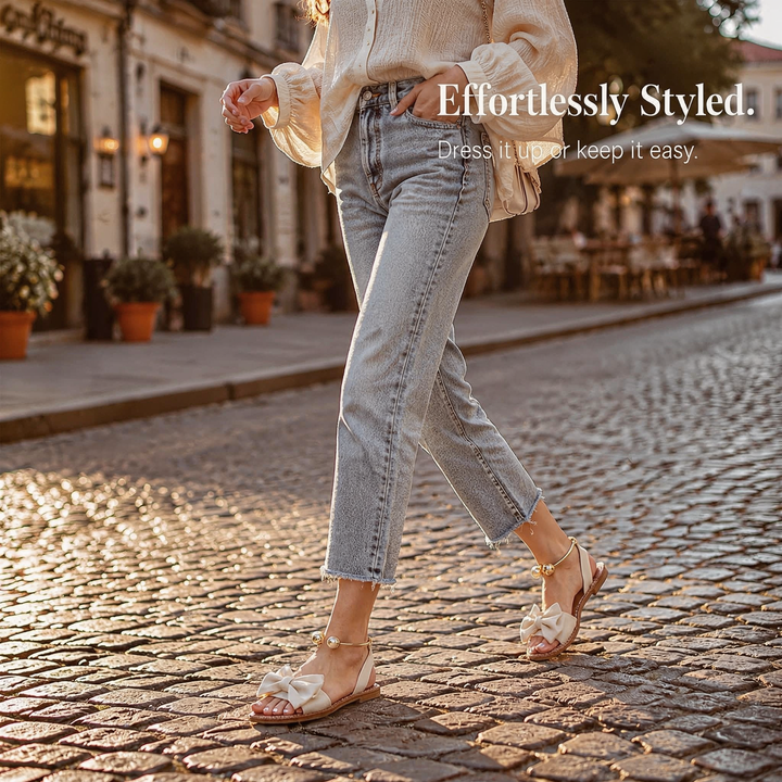 Vennla | Women's Bow Flat Sandals with Pearl Ankle Cuff