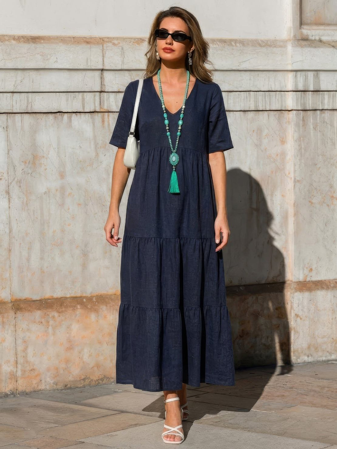 Willow | Women's V-Neck Tiered Maxi Dress Short Sleeve Swing