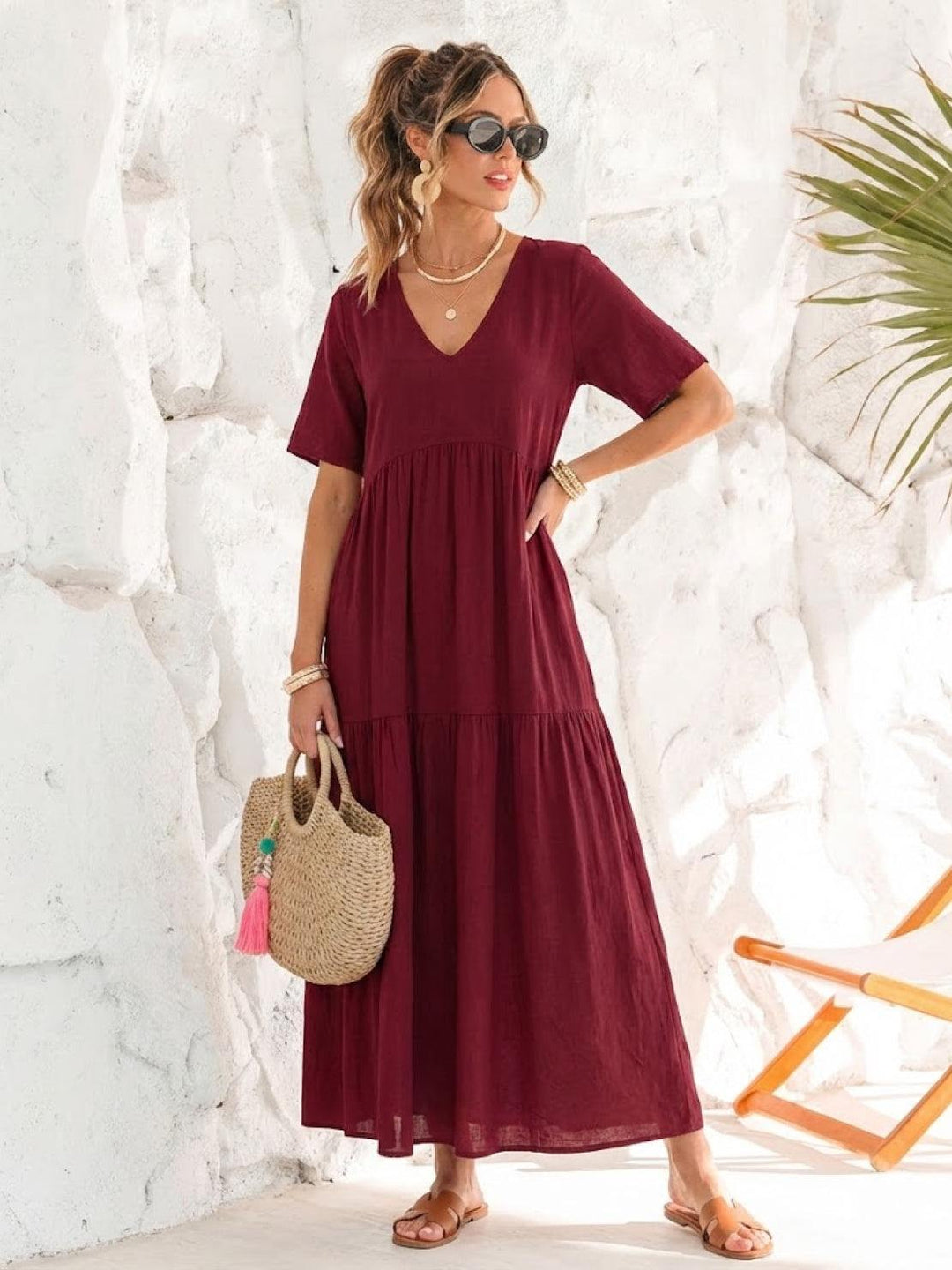 Willow | Women's V-Neck Tiered Maxi Dress Short Sleeve Swing